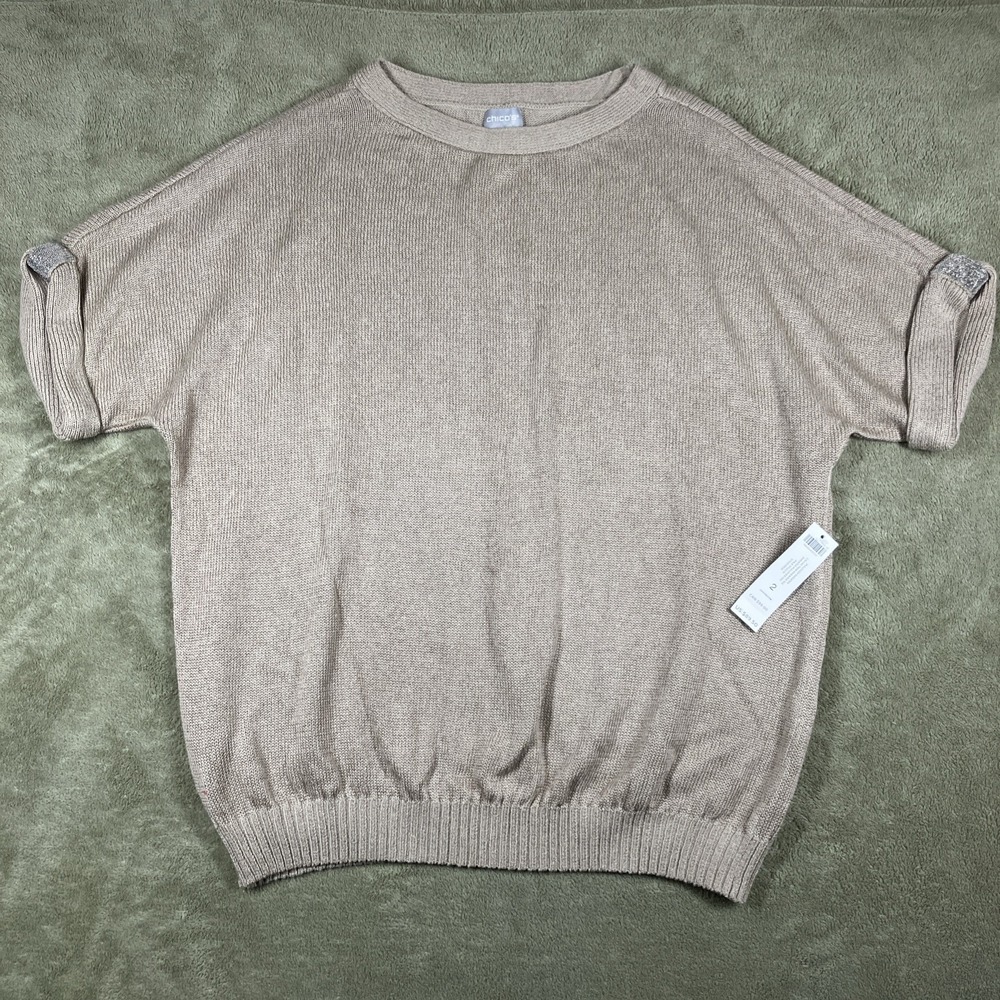 NWT Chicos Women's Size 2 Short Sleeve Sweater Beige Coastal Elegant‎ MSRP $90